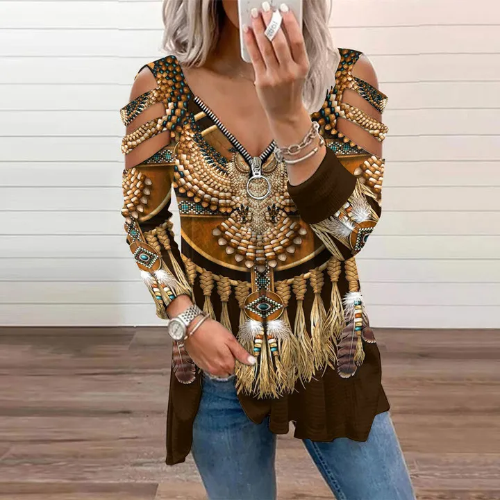 Vintage Western Print Cutout Long Sleeve Casual T-Shirt