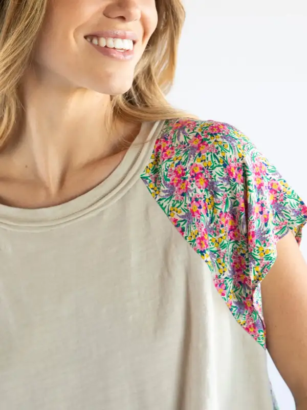 Daphne Mixed Print Top - Blue Pink Mixed Floral