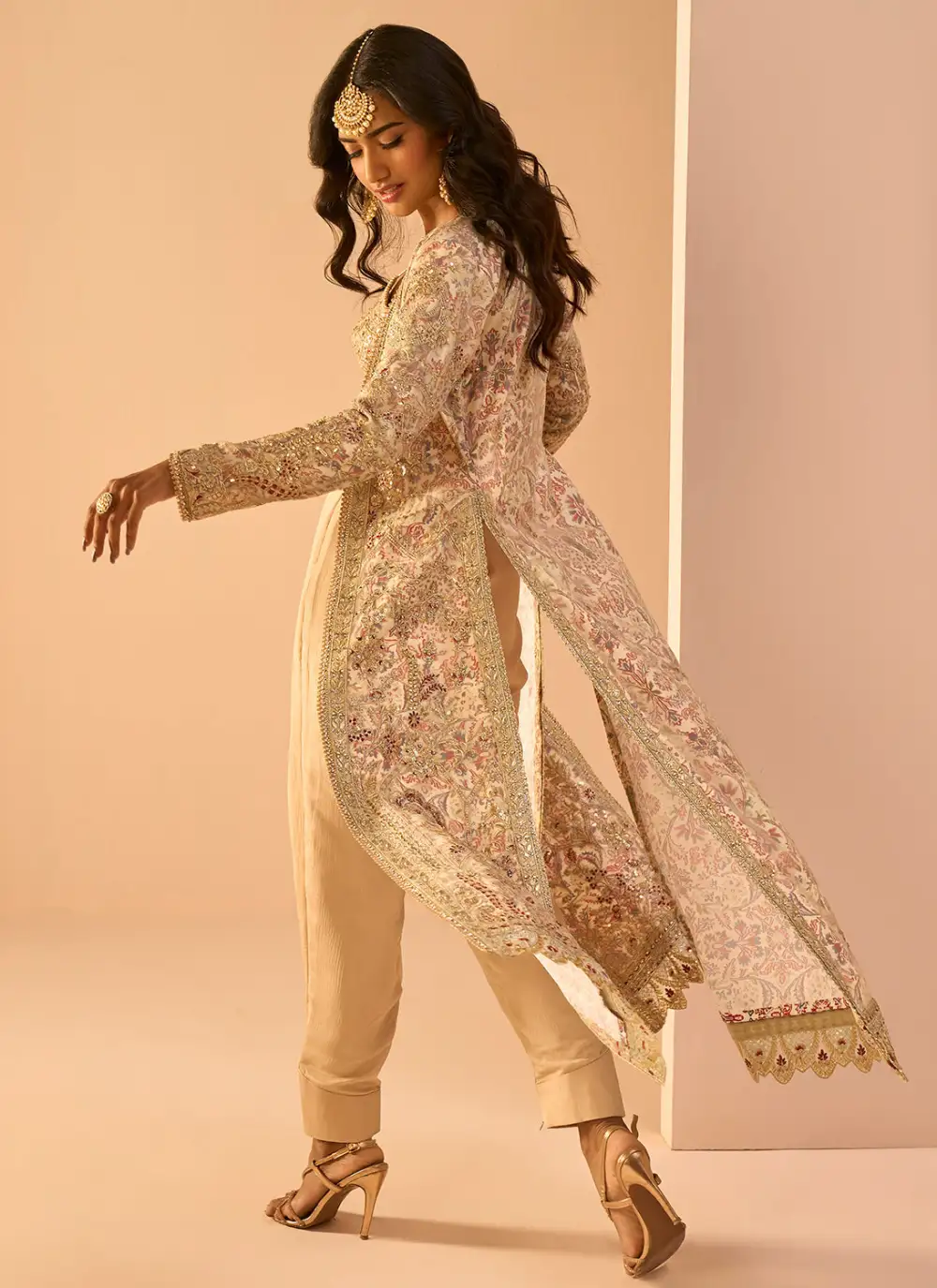 Golden Beige Embroidered Crop Jacket Set