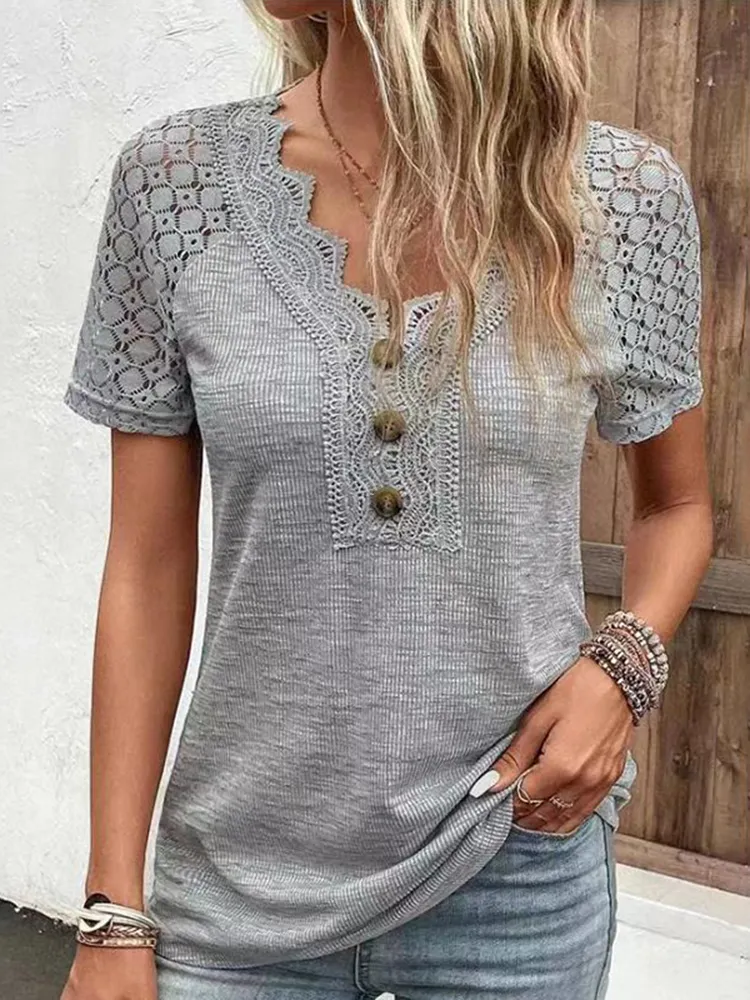 Solid Lace Patchwork V-Neck Casual Short Sleeved T-Shirt