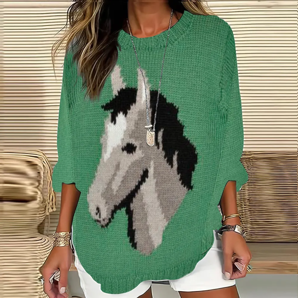 Casual Southwestern Horse Pattern Women'S Crew Neck Sweater