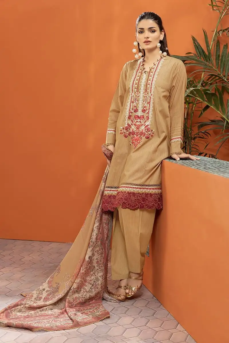 3 Piece Kurta Embroidered | Dupatta& Bottom & Tops | Color Brown