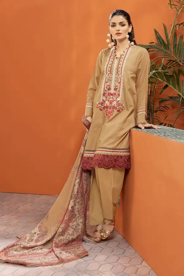 3 Piece Kurta Embroidered | Dupatta& Bottom & Tops | Color Brown