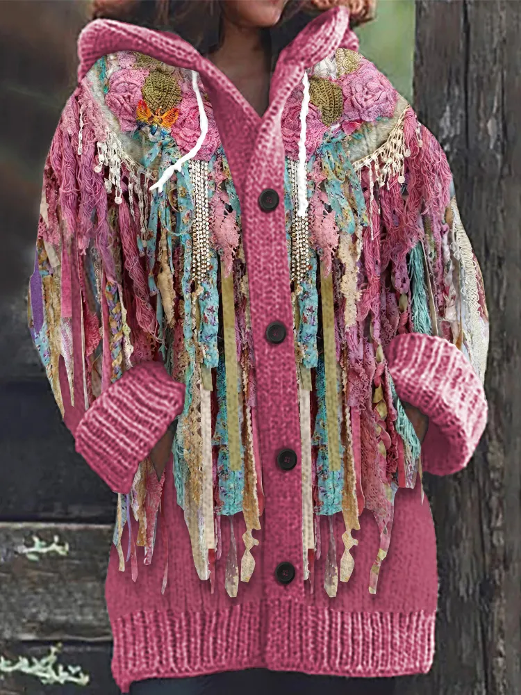 Western Fringed Print Long Sleeved Knitted Hooded Cardigan