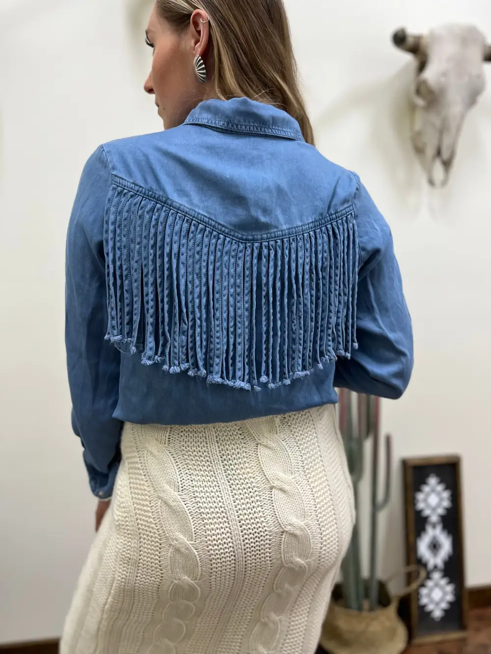 Yoke Fringe Denim Button-Up