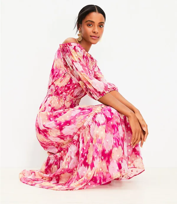 Floral Ikat Clip Balloon Sleeve Off The Shoulder Midi Dress