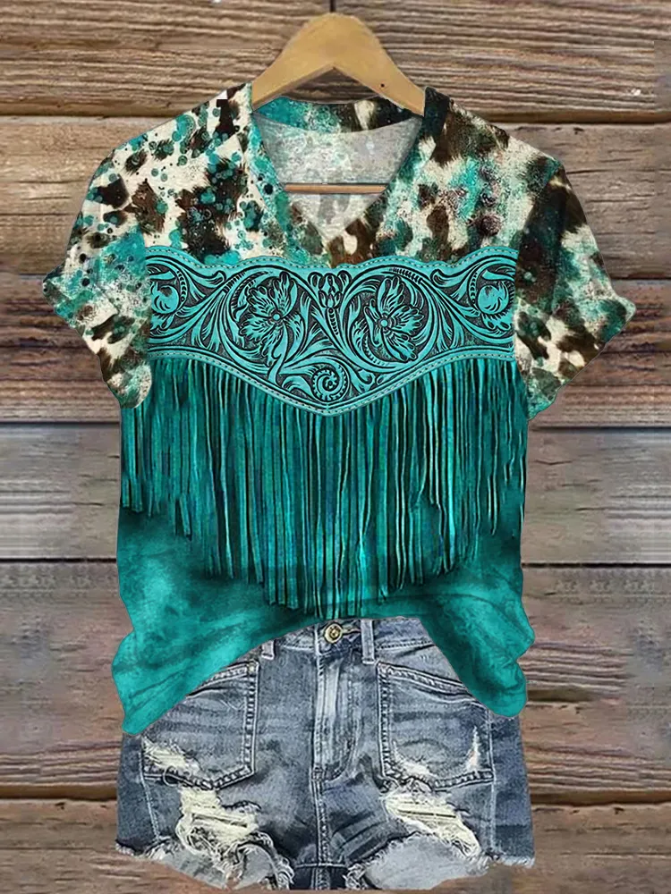 Turquoise Cowhide Floral Tassels V Neck T Shirt