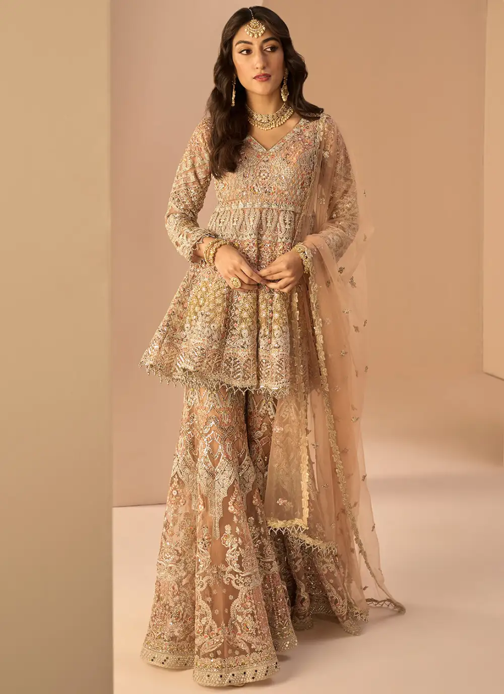 Dusty Peach Embroidered Sharara Suit