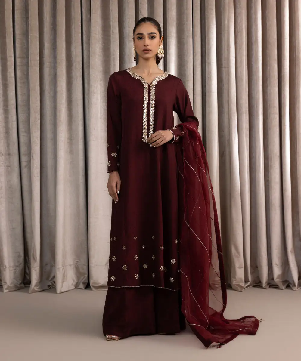 3 Piece - Embellished Raw Silk Suit