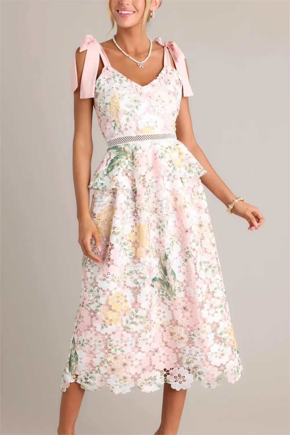 PINK FLORAL SMOCKED MIDI DRESS