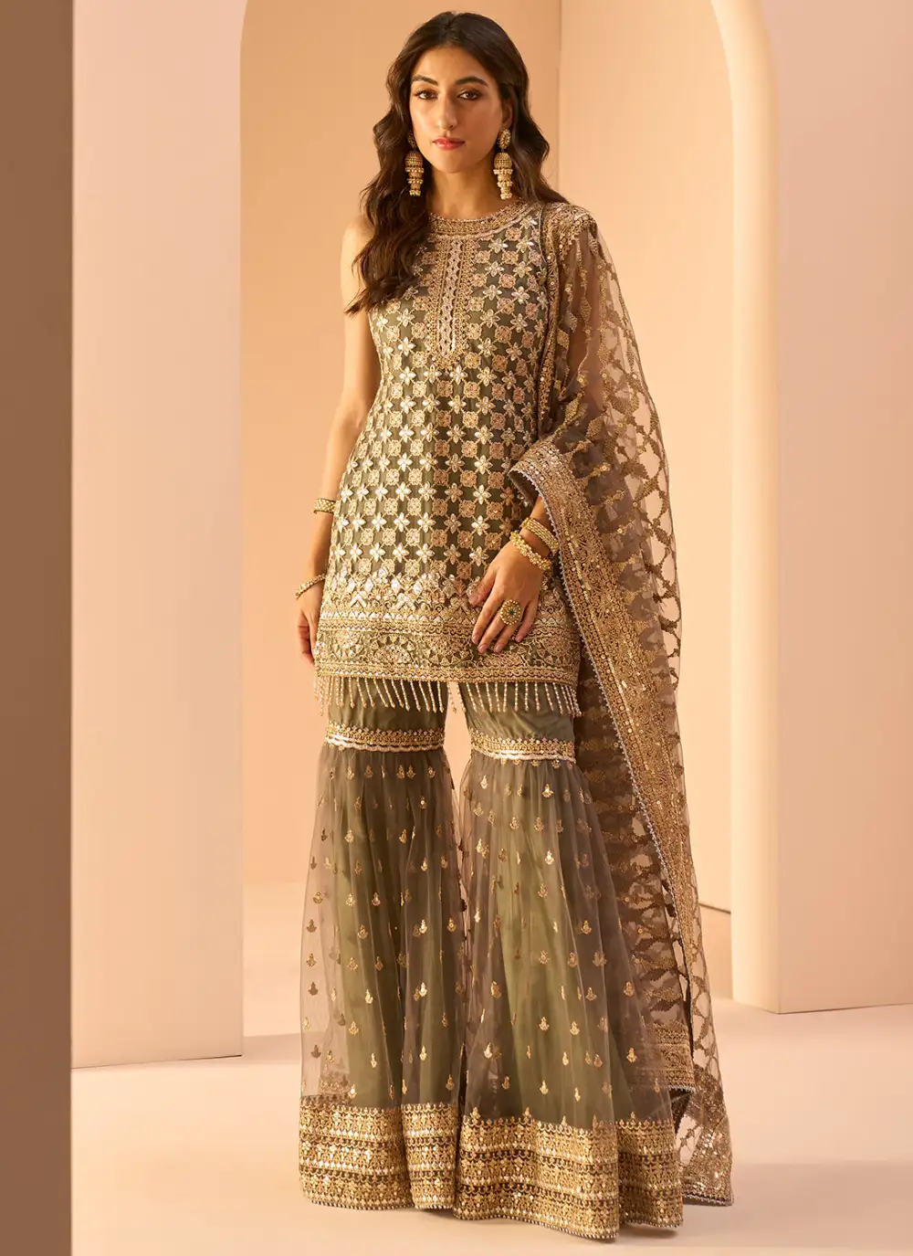 Dark Grey Embroidered Gharara Suit