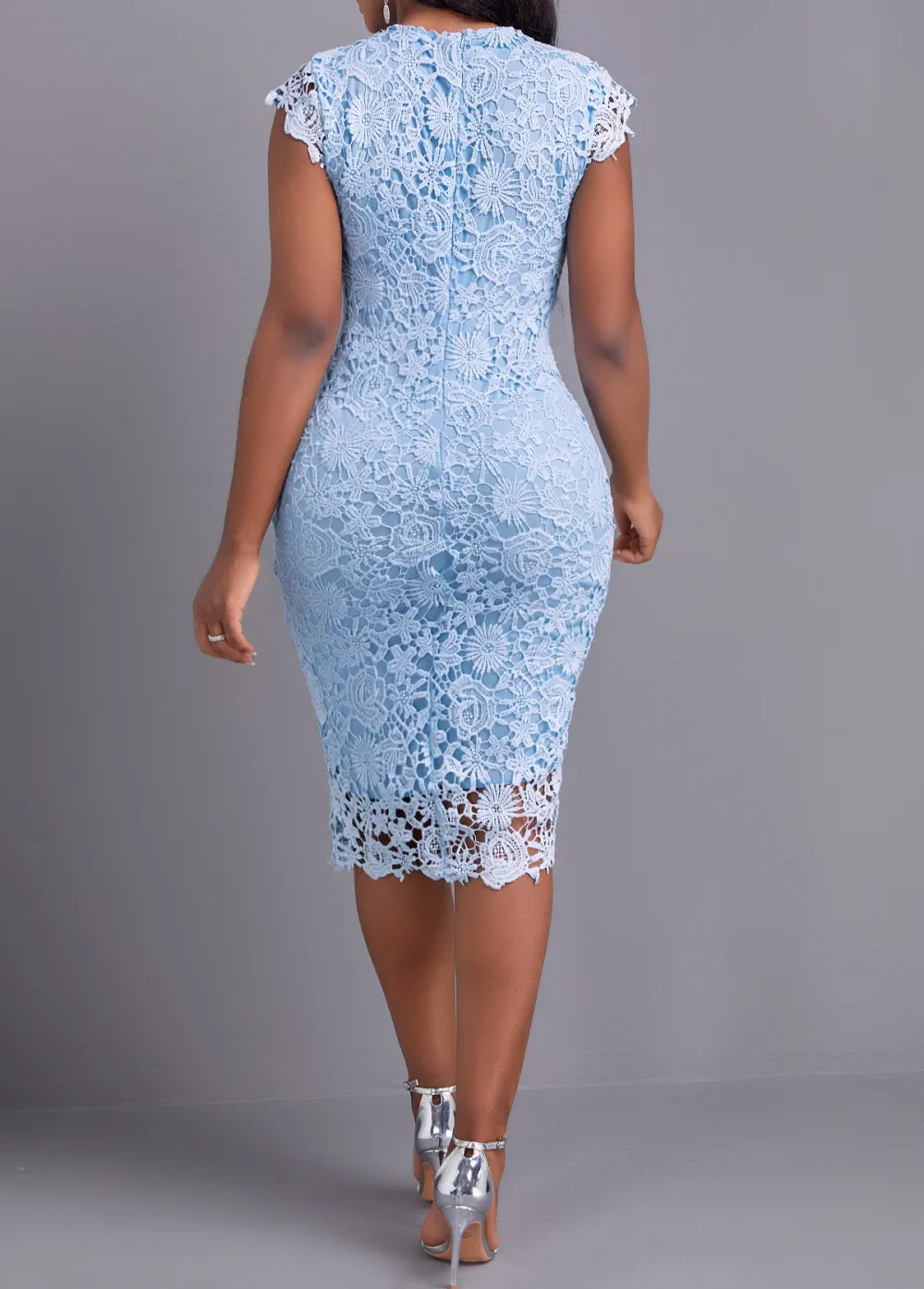 Light Blue Round Neck Lace Bodycon Dress