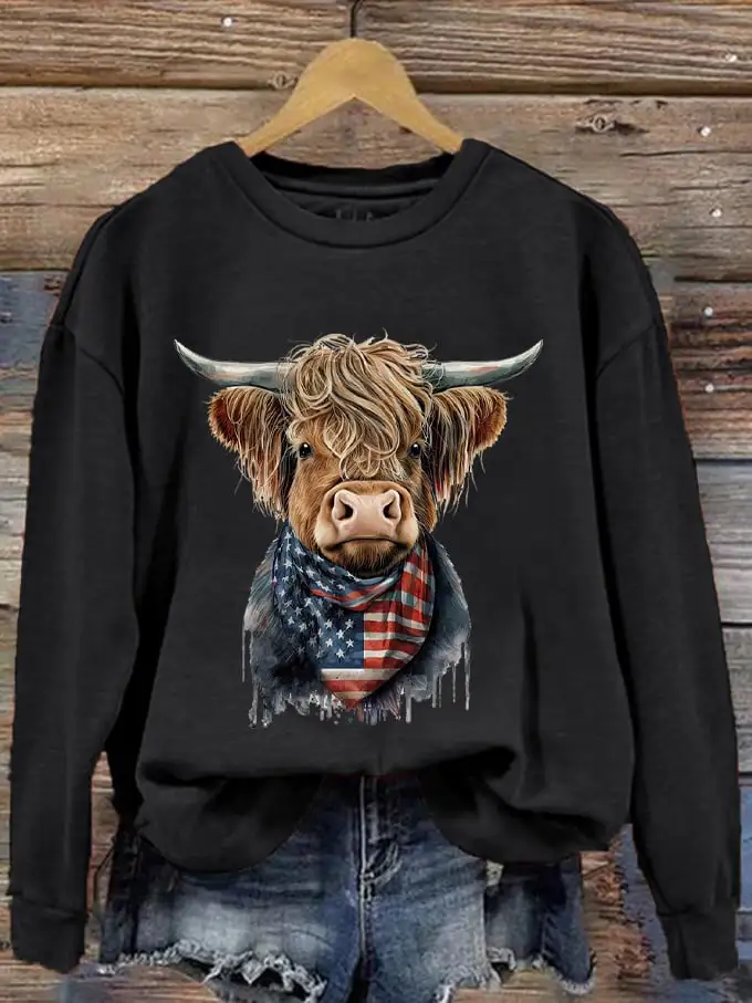 🔥Buy 3 Get 10% Off🔥🔥Buy 3 Get 10% Off🔥Women's Western F Highland Cow Flag Print Sweatshirt