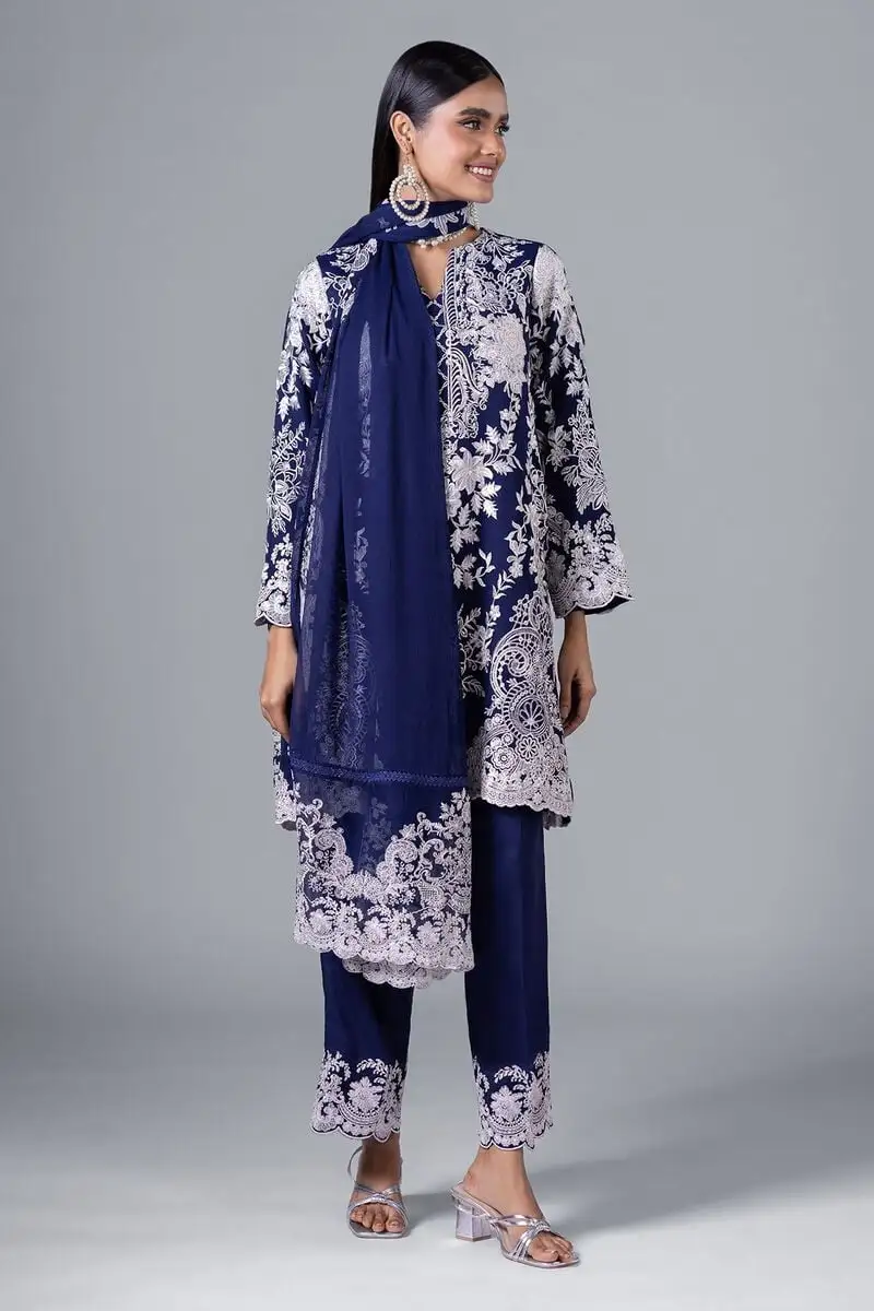 3 Piece Kurta Embroidered | Dupatta& Bottom & Tops | Color Navy blue