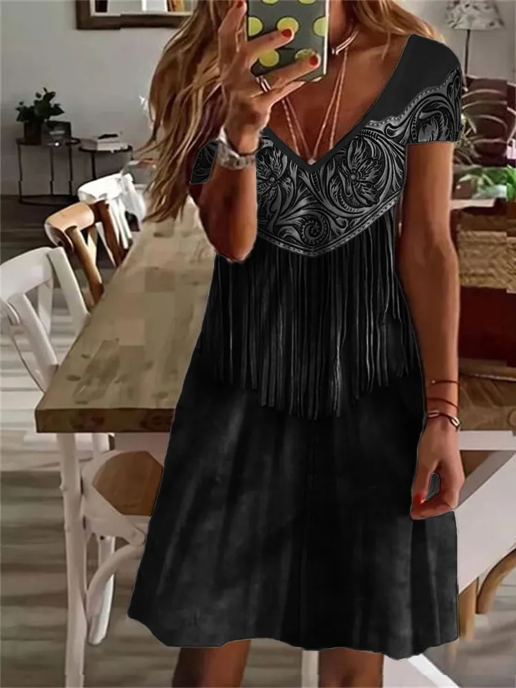 Western Floral Leather Tassels V Neck Midi Dress