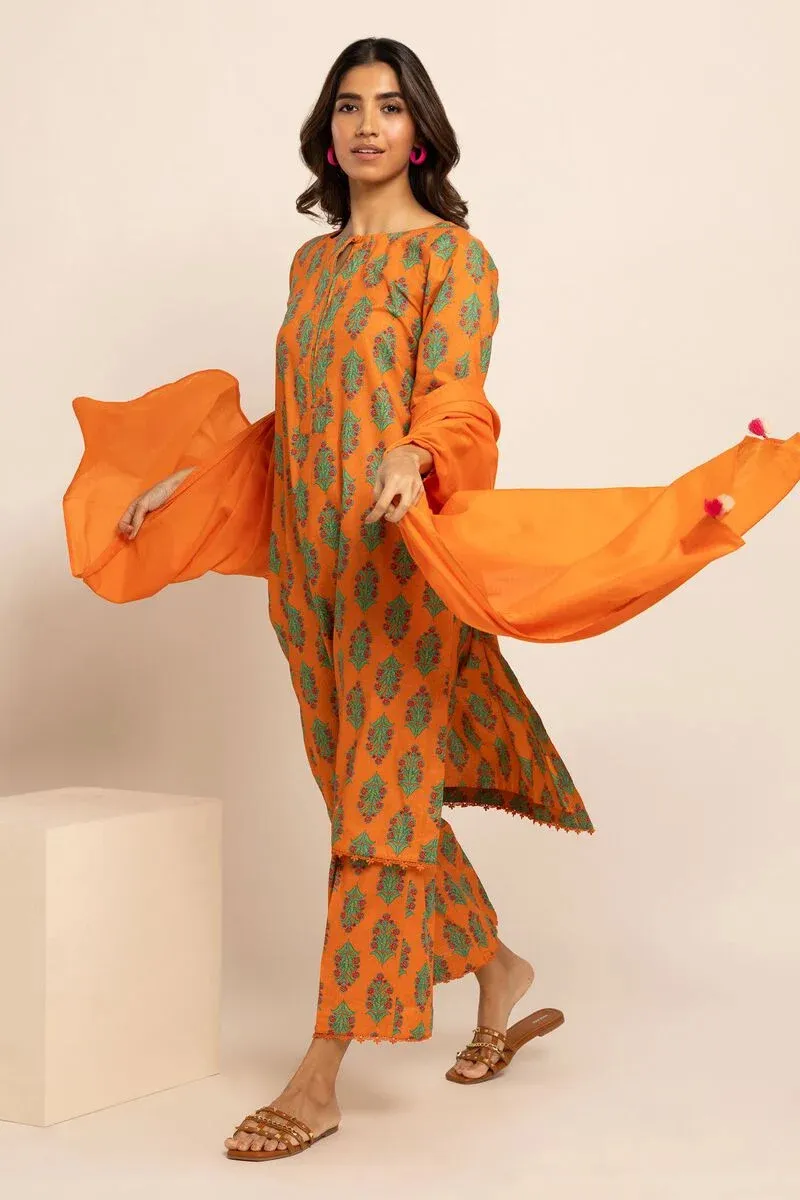 3 Piece Kurta Embroidered | Dupatta& Bottom & Tops | Color Orange