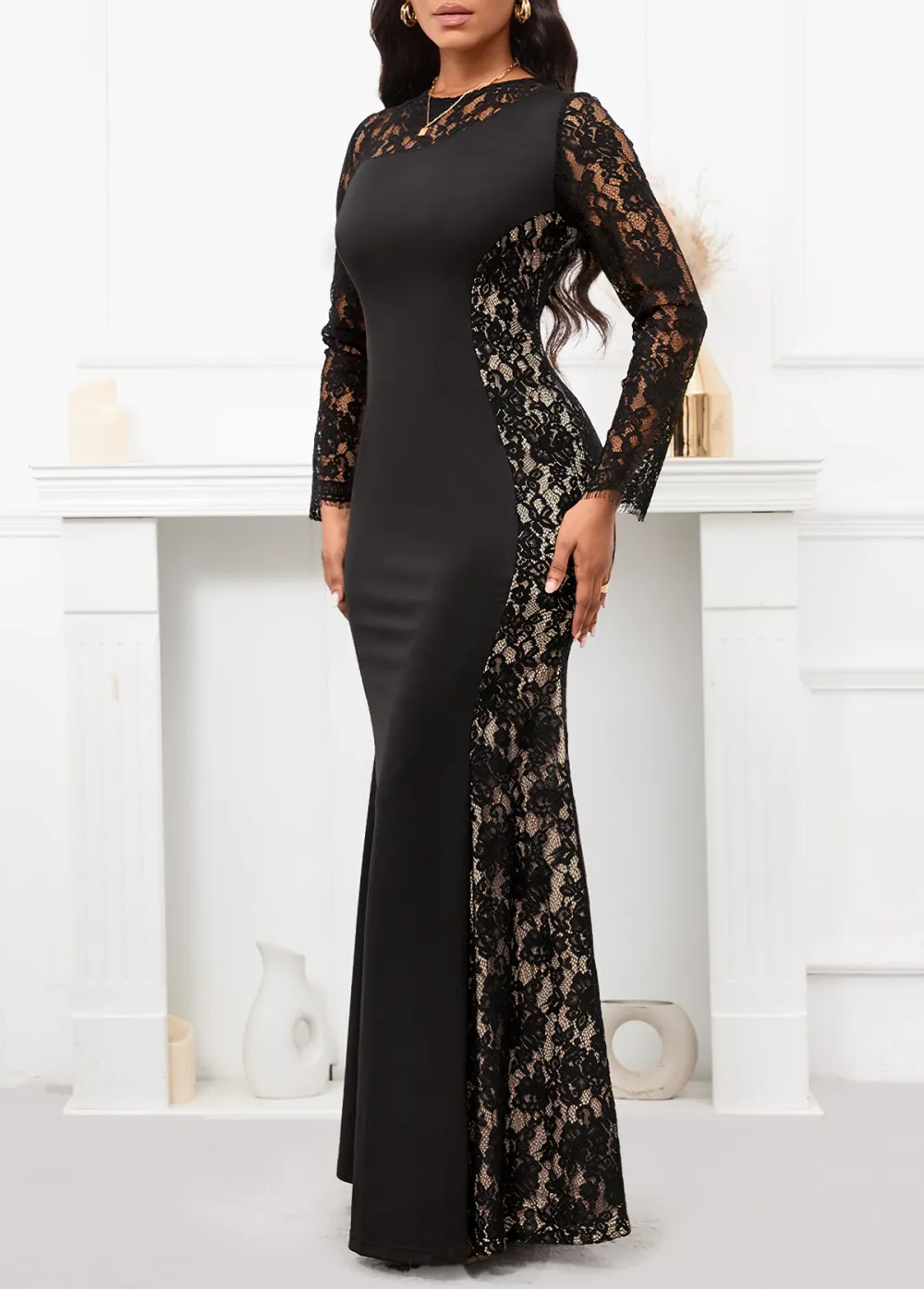 Patchwork Black Long Sleeve Round Neck Maxi Bodycon Dress