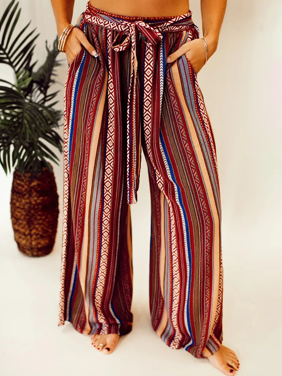 Ethnic pattern stripe pattern with waistband wide leg pants