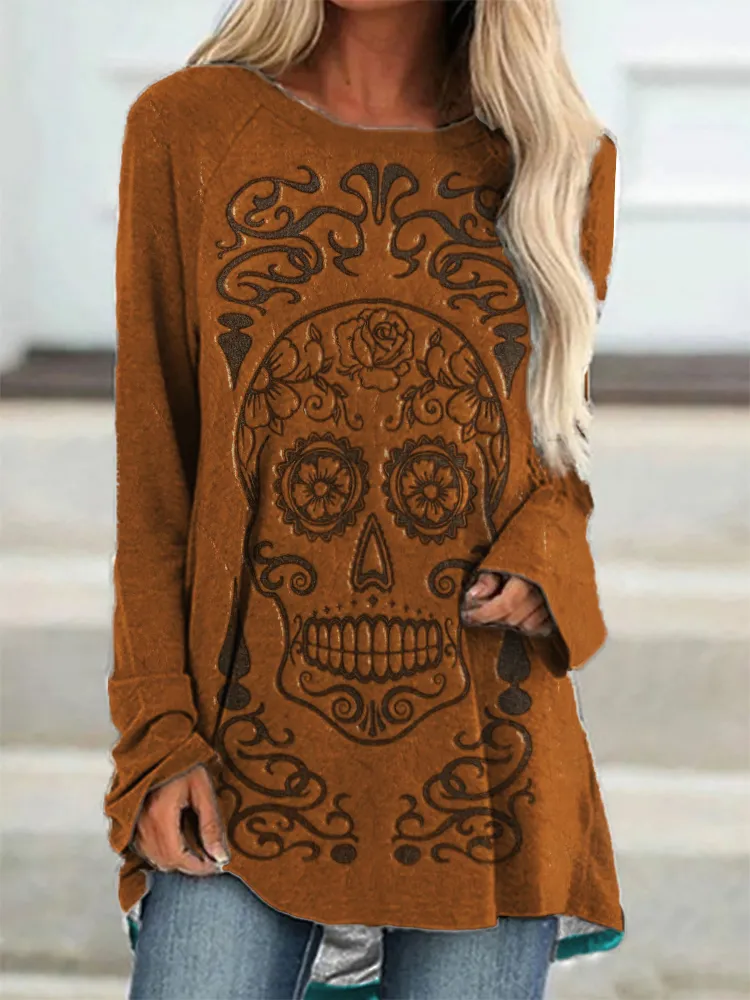 Sugar Skull Leather Art A Line T Shirt