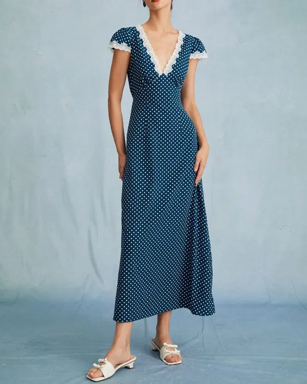 Polka dot deep v retro long dress