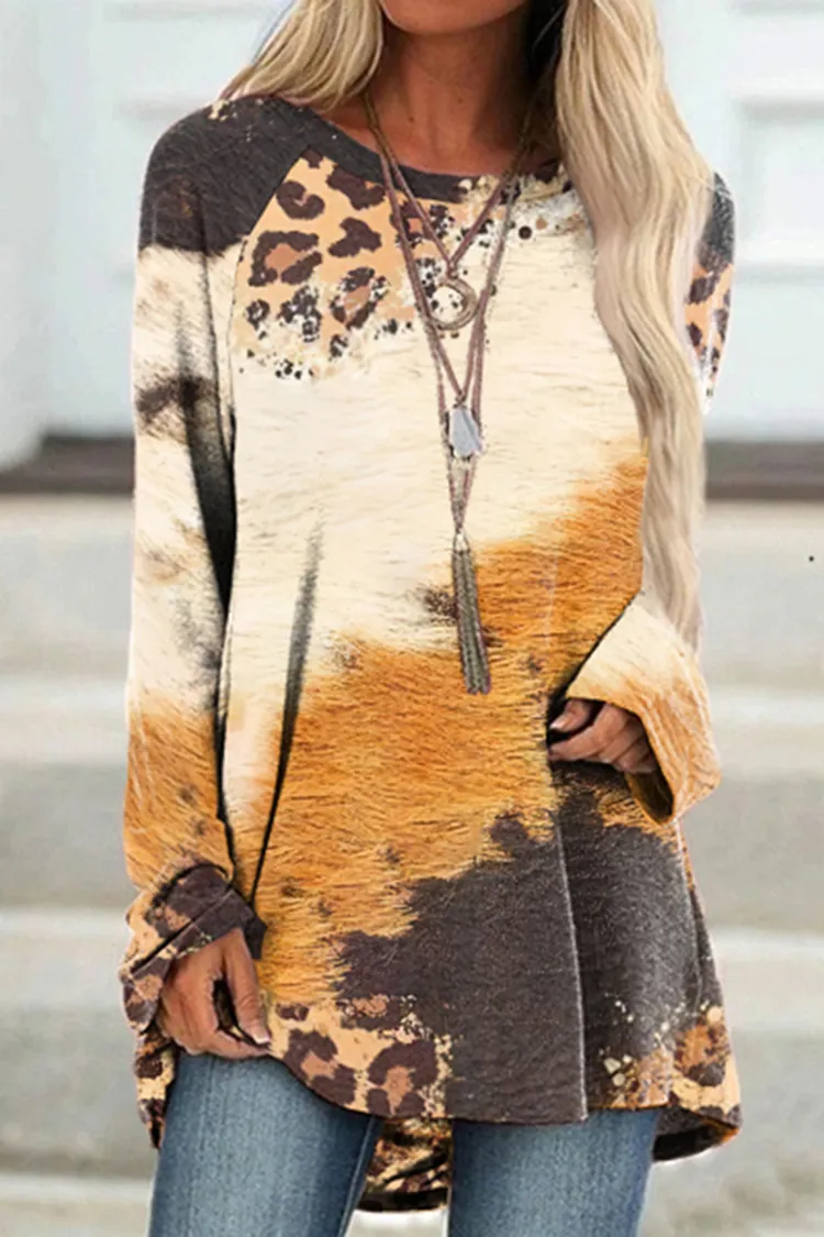 Round Neck Leopard Printed Color Block Long Sleeve T-Shirt