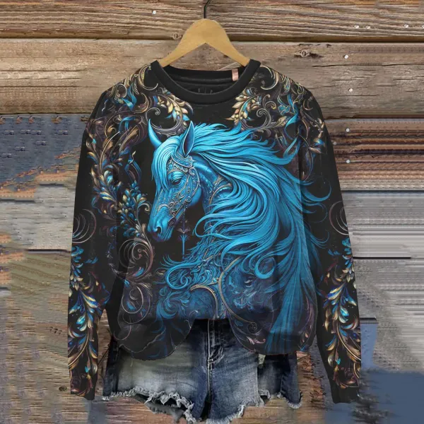 Vintage Art Horse Print Crew Neck Sweatshirt