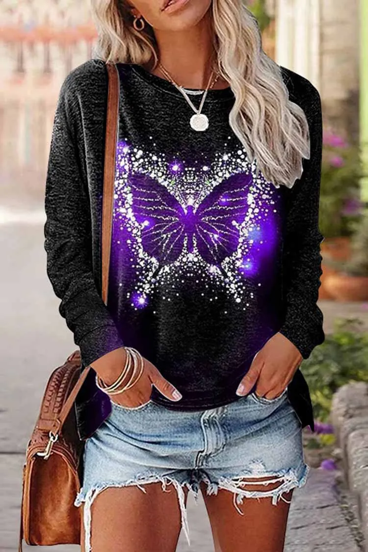 Vintage Butterfly Print Long Sleeve T-Shirt