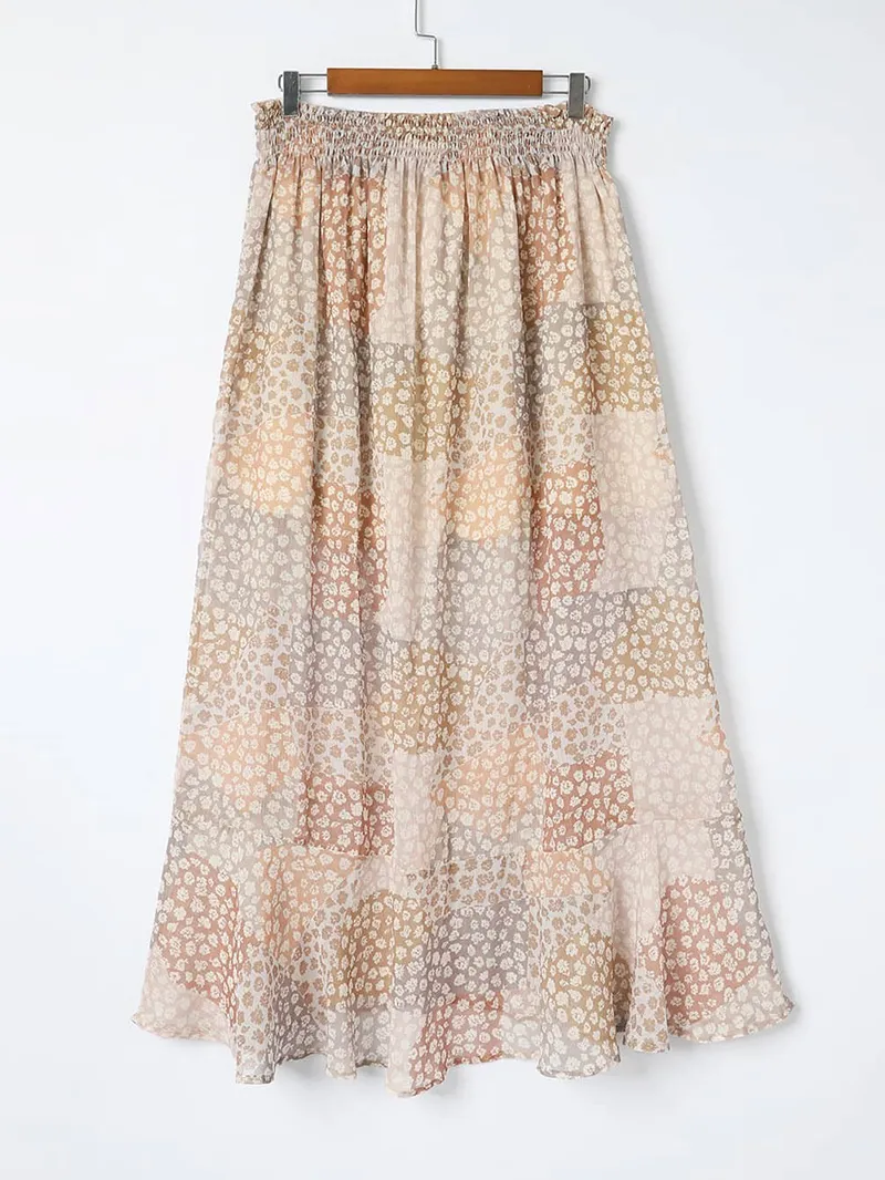 SPLIT BUTTONS DRAWSTRING SHIRRED FLORAL MAXI SKIRT