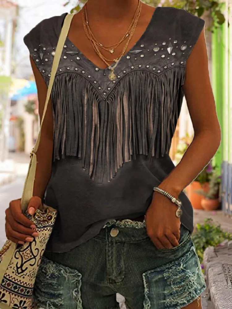 Western Fringe Print V-Neck Tank Top