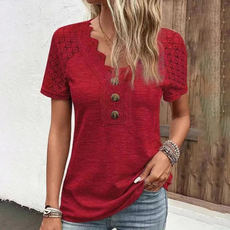 Solid Lace Patchwork V-Neck Casual Short Sleeved T-Shirt