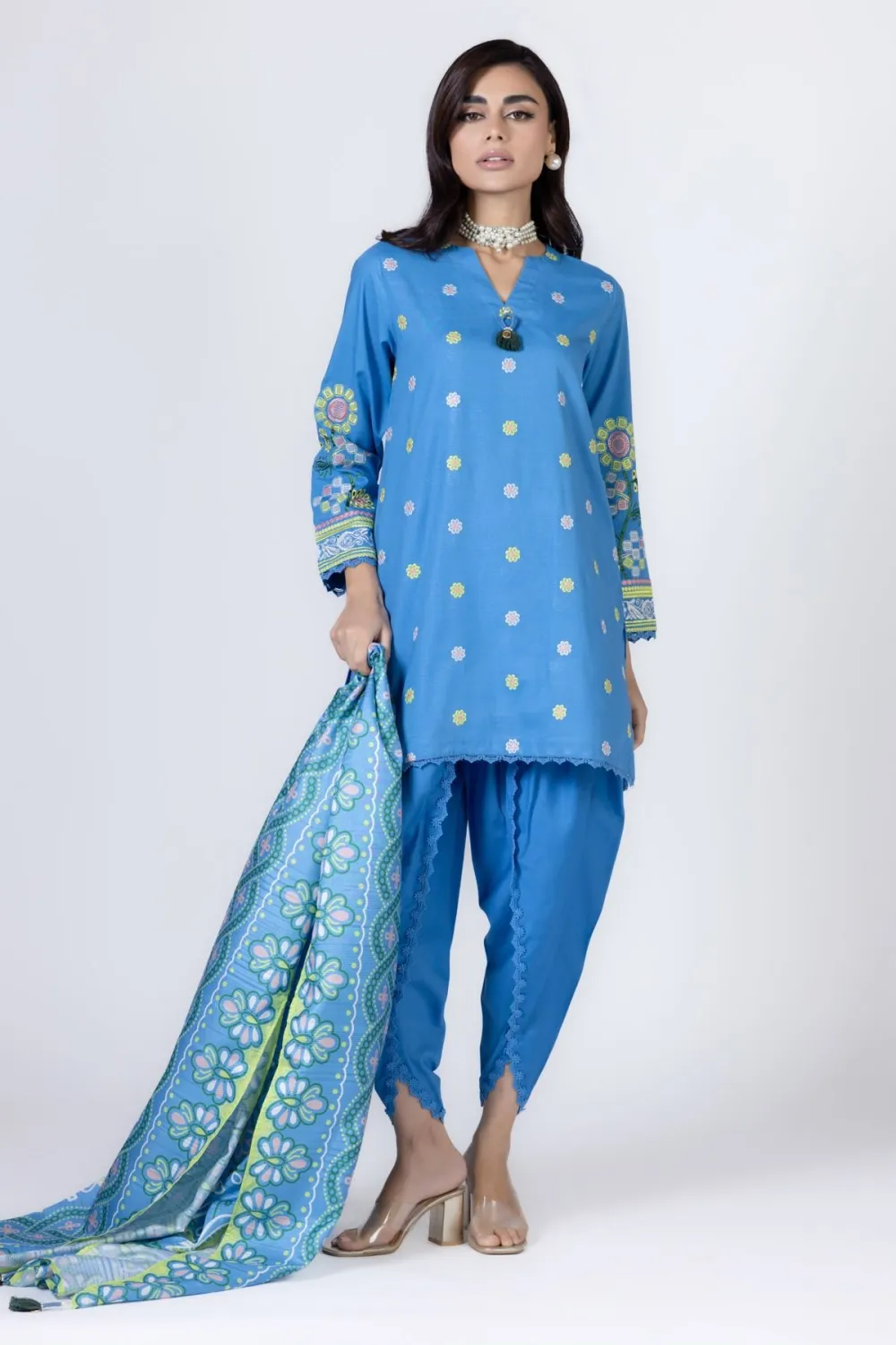 3 Piece Kurta Embroidered | Dupatta& Bottom & Tops | Color Blue