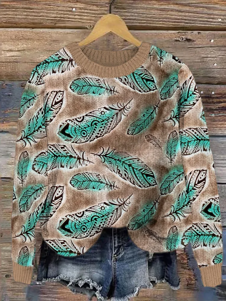 Embossed Leather Feather Western Pattern Cozy Sweater