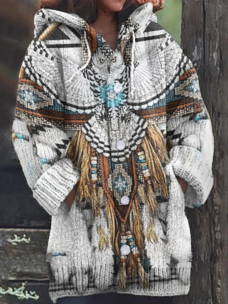 Western Vintage Eagle Tassels Gradient Cozy Hooded Cardigan