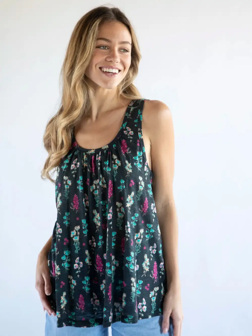 Free Spirit Cotton Tank Top - Charcoal Pink Bouquets