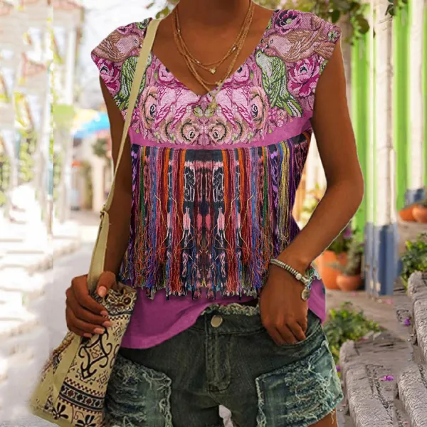 Vintage  Bird Fringe Collar Tank Top