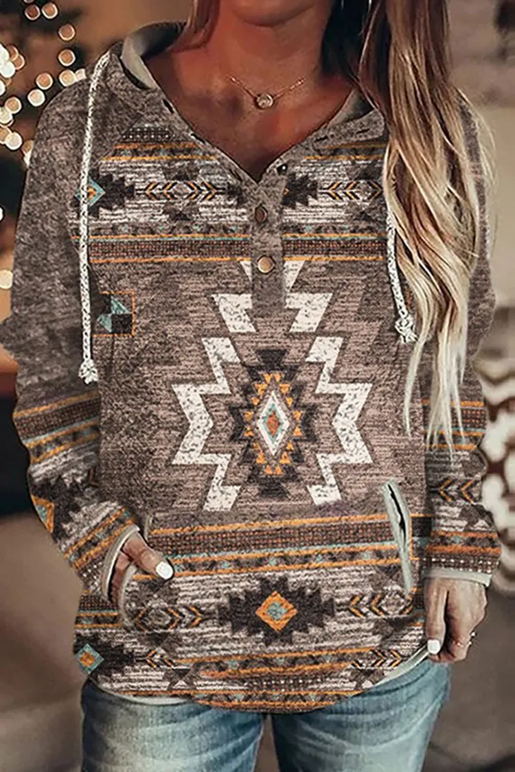 Vintage Western Print Long Sleeve Casual Hoodie