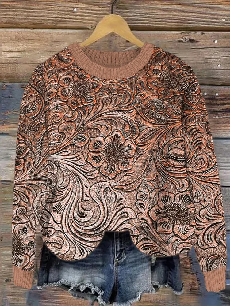 Tooled Leather Floral Embossed Western Print Cozy Sweater