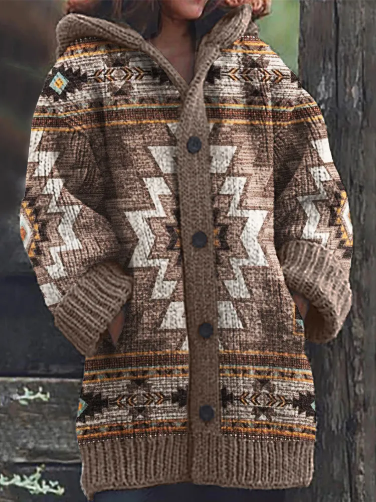 Western Aztec Cozy Knit Hooded Cardigan