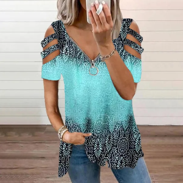 Hollow Out Boho Printed V Neck Short Sleeve T-shirt