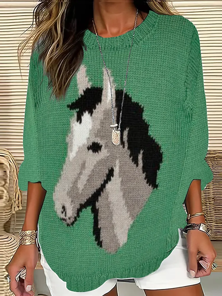 Casual Southwestern Horse Pattern Women'S Crew Neck Sweater