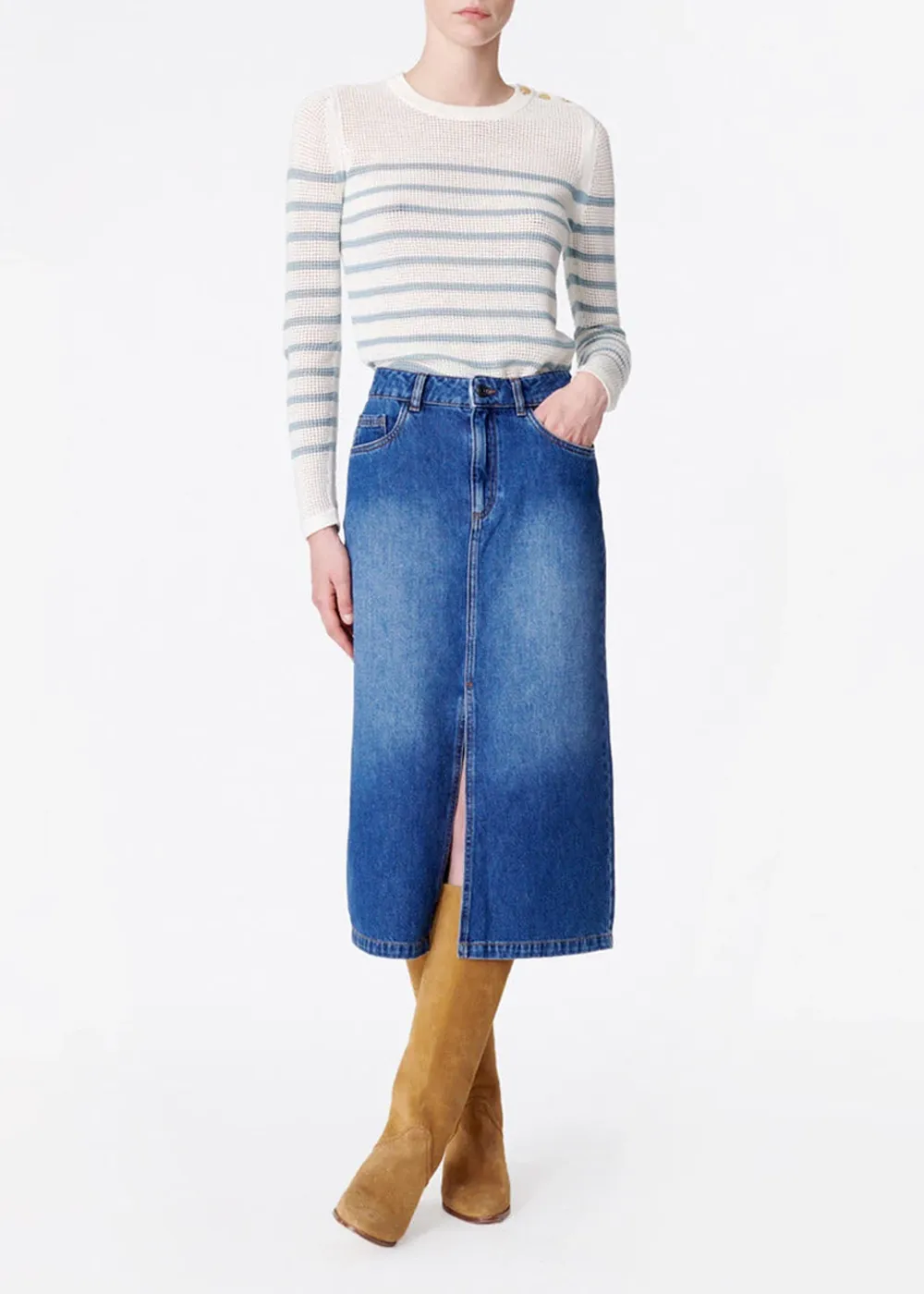 Washed Slit Hem Jean Skirt