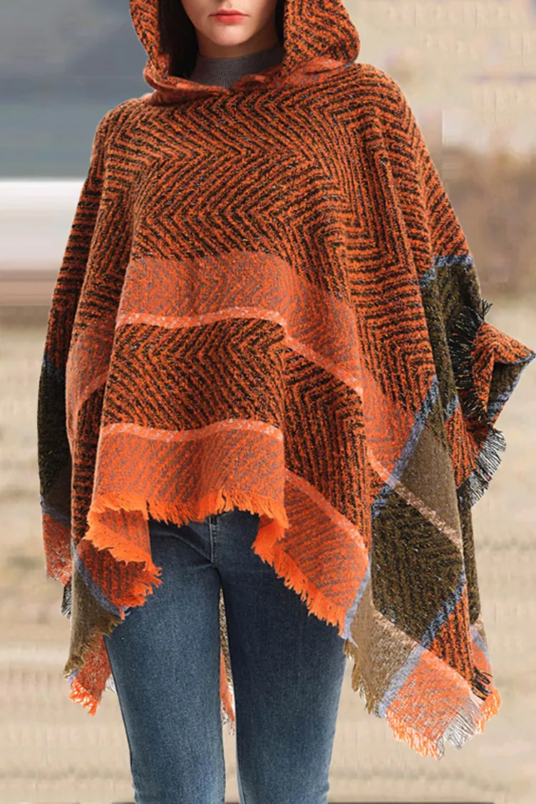 Vintage Herringbone Hooded Pullover Shawl