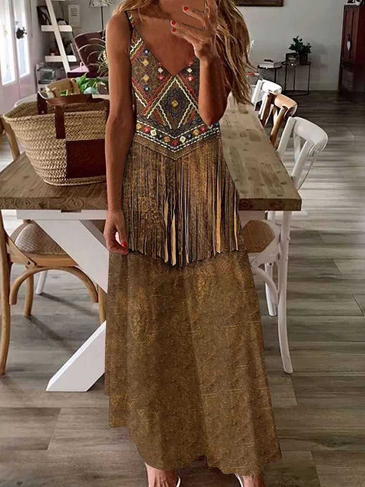 Women's Vintage Tribal Tassels Casual Maxi Dress