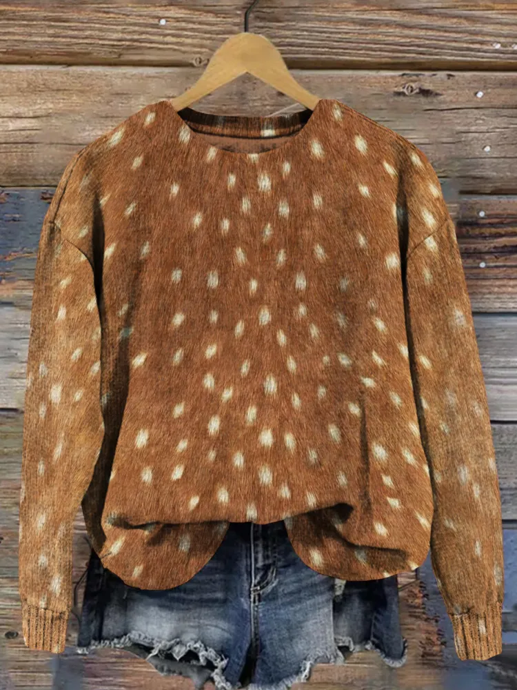 Soft Deer Hide Pattern Crew Neck Cozy Knit Sweater