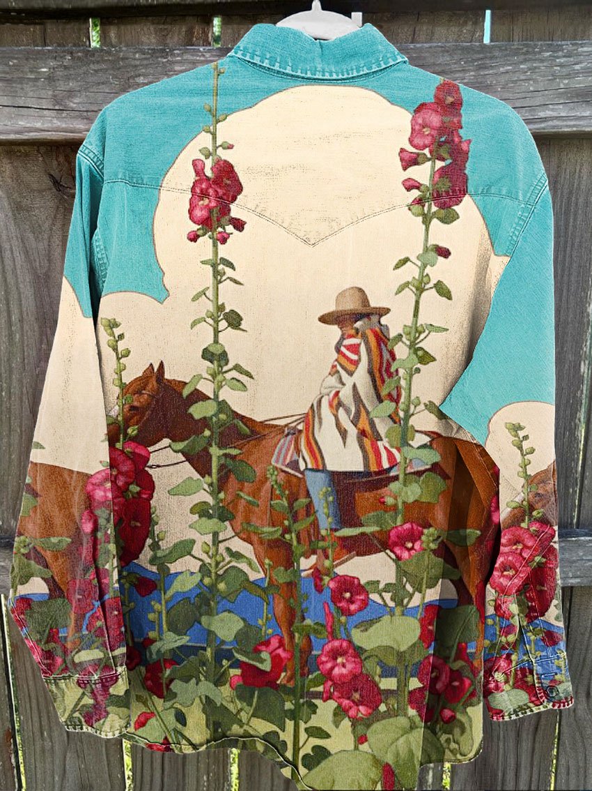 Vintage Wild West Riding Cowboy Print Casual Shirt Jacket