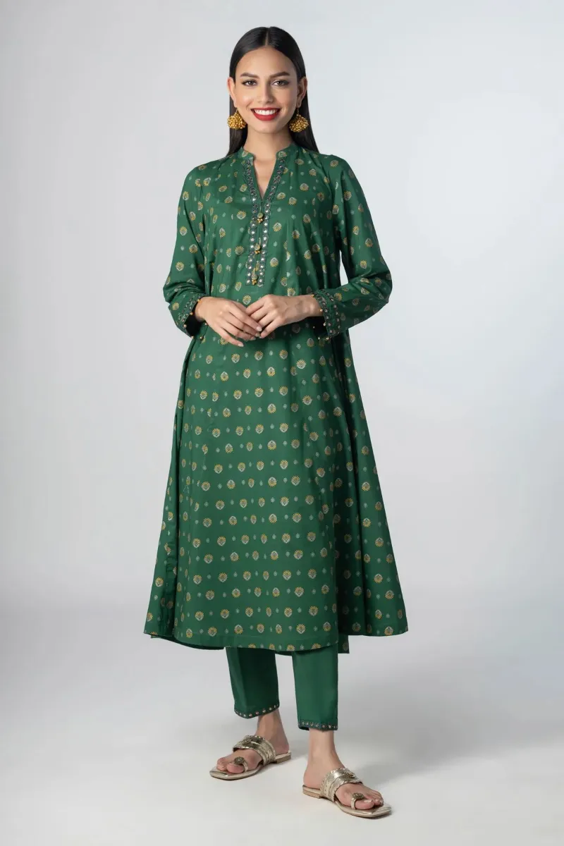 2 Piece Kurta | Embroidered & Pants Dark Green