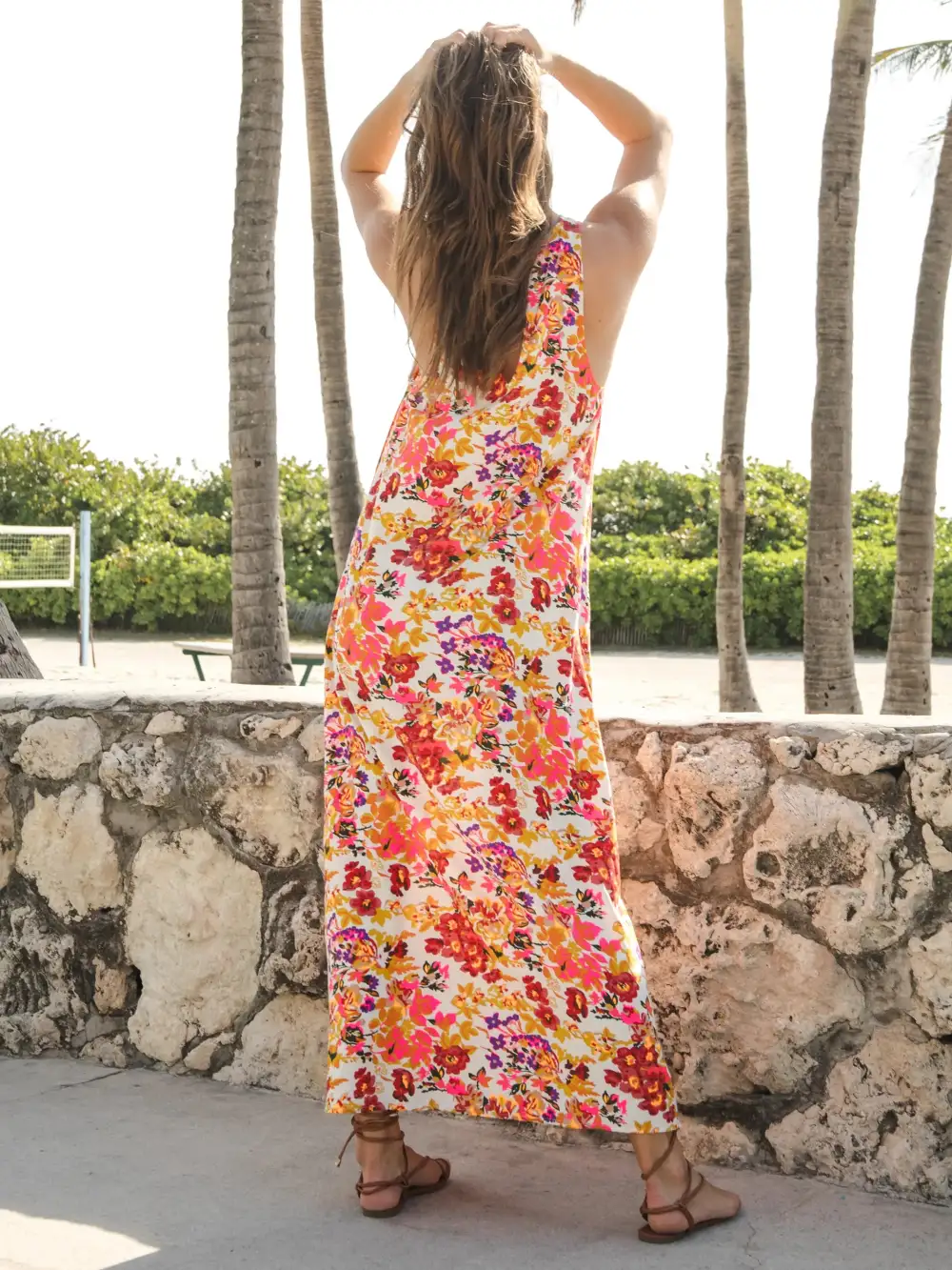 Katie Sleeveless Maxi Dress - Hot Pink Bright Orange Floral