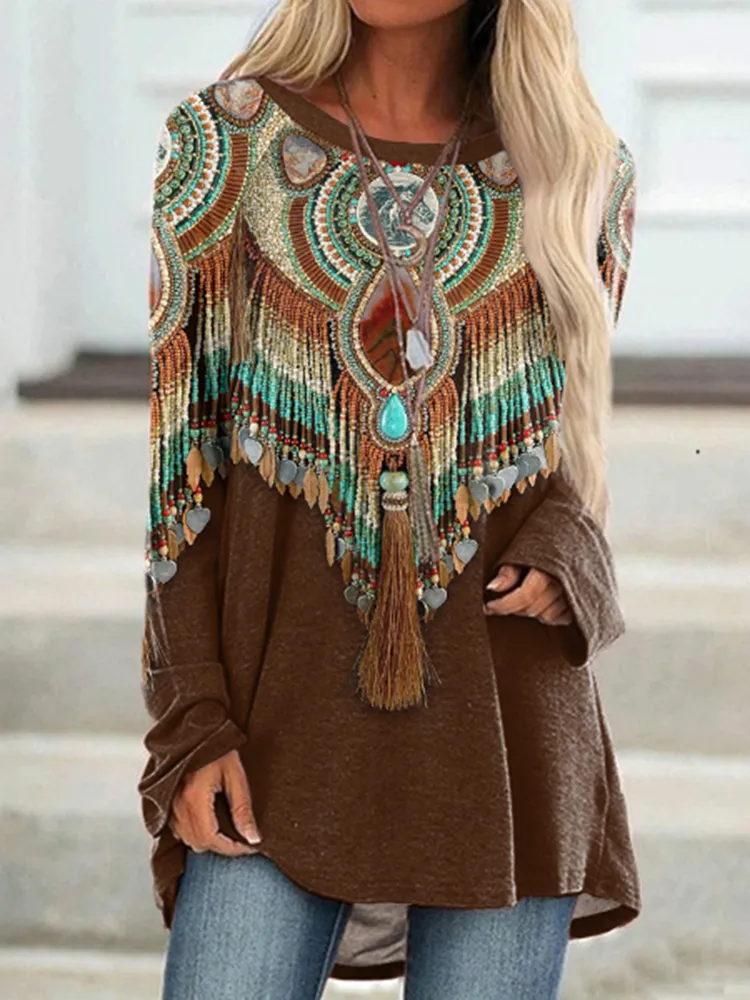 Western Tassels Horse Print Round Neck Long Sleeve Tunic