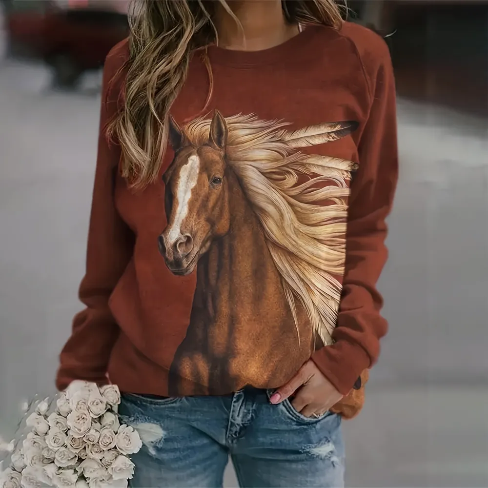 Western Horse Print Round Neck Long Sleeve Sweatshirt