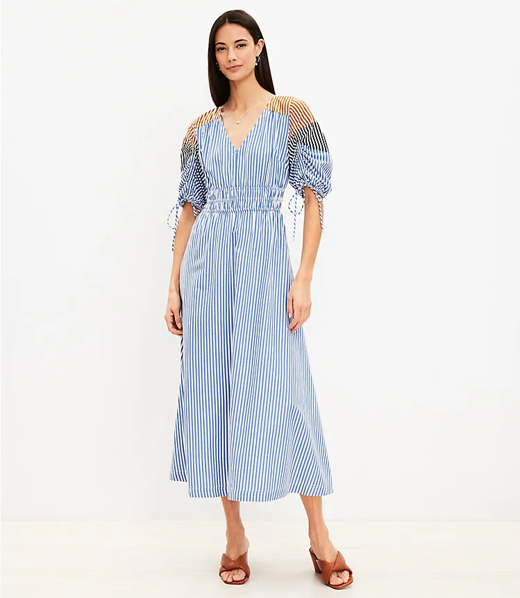 Striped Tie Puff Sleeve Midi Dress